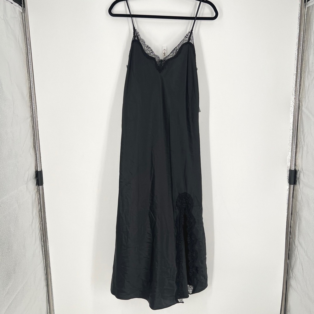 INC International Concepts Black Satin Lace Trim Maxi Nightgown XS 100200812MS